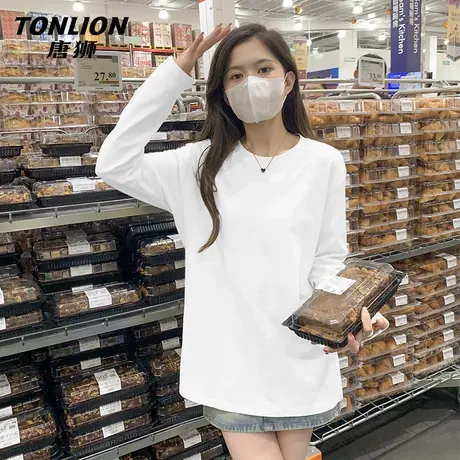 唐狮长袖t恤女2025新款春秋款纯棉上衣小个子宽松内搭打底衫VB图片