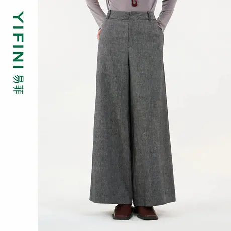 [专柜同款]Yifini/易菲天丝棉麻混纺仿牛仔文艺宽松阔腿裤休闲裤商品大图