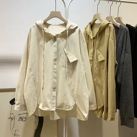 单排扣长袖衬衫外套女春秋款设计感小众宽松大码百搭上衣纯棉衬衣图片