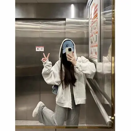 韩系花灰色开衫重磅加绒卫衣女2025新款秋冬季慵懒风拉链连帽外套商品大图