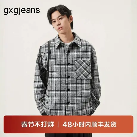 gxg.jeans男装 灰色复古格纹宽松翻领长袖衬衫外套 25年冬新品图片
