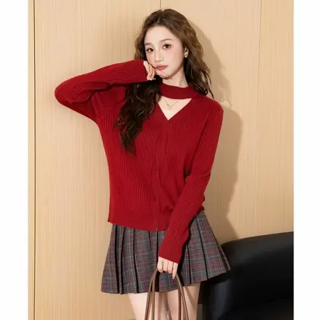 唐狮新款春秋红色毛衣女V领净色超好看韩系慵懒松弛感毛线衫TD图片