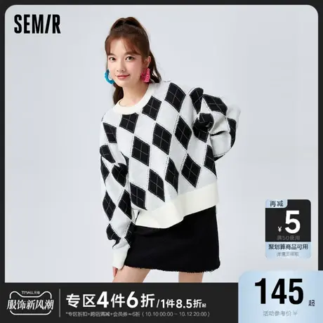 森马毛衣女菱形格开叉上衣复古时尚冬季oversize圆领毛衫慵懒潮流商品大图
