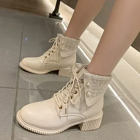 小香风短靴女2023年秋冬季新款韩版高跟女靴百搭马丁靴粗跟单靴子商品大图