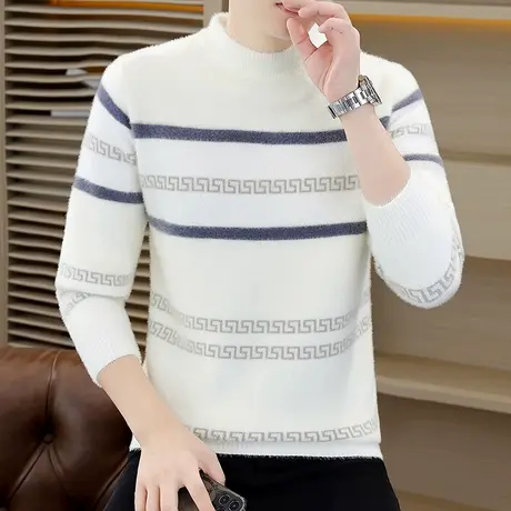 半高领水貂绒毛衣男士秋冬季打底针织衫潮流加绒加厚保暖冬装上衣商品大图