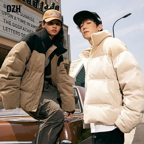 情侣美式复古棉服男冬季加厚2023新款灯芯绒拼接外套情侣装面包服商品大图