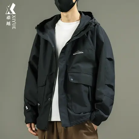 希越痞帅工装夹克男士秋冬户外多口袋冲锋衣宽松大码黑色运动外套商品大图