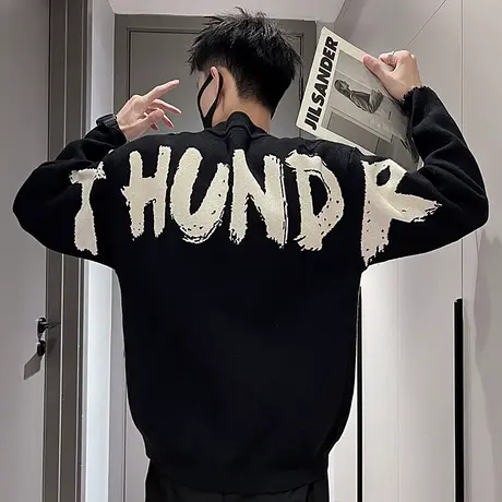 美式字母提花高级感套头毛衣男秋冬新款宽松轻熟重磅针织打底衫商品大图