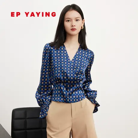EP雅莹女装 真丝印花上衣 缎面桑波缎收腰衬衫 秋冬商场同款2311A商品大图