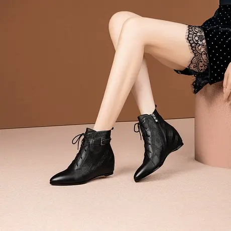 真皮短靴平底内增高靴子女2023秋冬新款短筒靴尖头欧美牛皮马丁靴商品大图