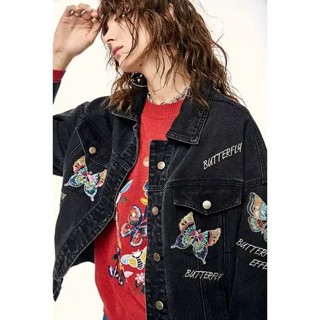 【积分抵扣】裂帛LIEBOFeng复古设计感蝴蝶刺绣黑色宽松牛仔外套图片