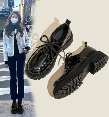 潮牌英伦风小皮鞋女秋季新款时尚百搭系带厚底黑色漆皮乐福单鞋子商品大图