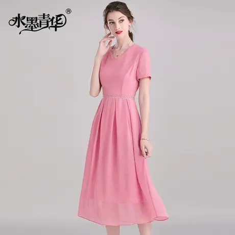 水墨青华裙子新款夏天短袖柔软大摆裙时尚中长款雪纺连衣裙商品大图