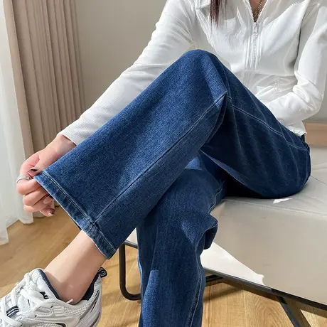深蓝色直筒牛仔裤女宽松秋冬季小个子复古高腰显瘦烟管阔腿九分裤商品大图