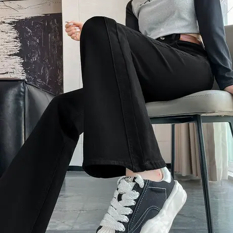 黑色直筒喇叭裤女2024年秋季新款高腰显瘦拖地微喇牛仔裤女商品大图