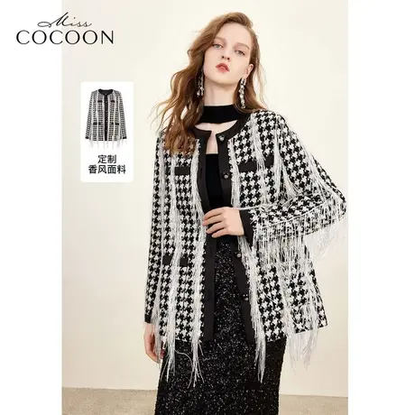 MISSCOCOON老钱风长袖上衣2023冬季新女撞色流苏宽松香风外套女图片