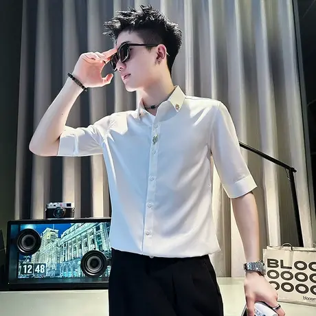 英伦雅痞男短袖衬衫男潮牌潮流夏季新款2023痞帅发型师高级感衬衣商品大图