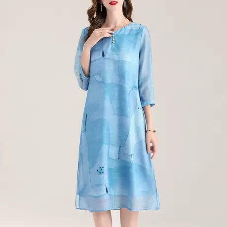 水墨青华夏季品时尚中长a型优雅修身简约印花宽松连衣裙图片