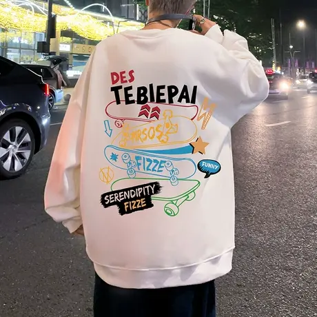 圆领卫衣男春秋季新款无帽外套2024宽松滑板印花潮流情侣长袖上衣商品大图