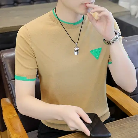 冰丝针织短袖t恤男夏季薄款潮牌圆领撞色半袖体恤青年休闲男上衣T商品大图