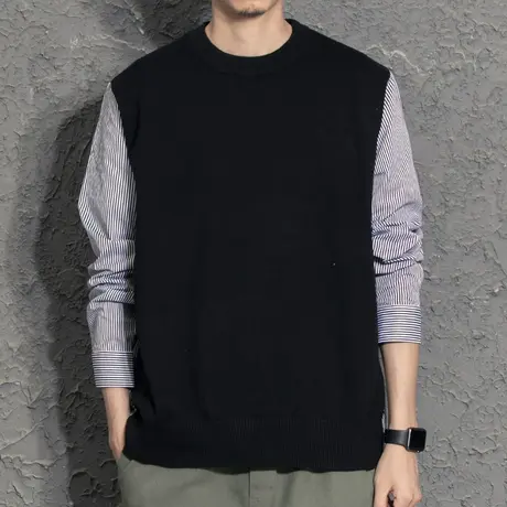 假两件毛衣男韩版潮流个性帅气秋季圆领针织衫男士春秋2021年新款商品大图