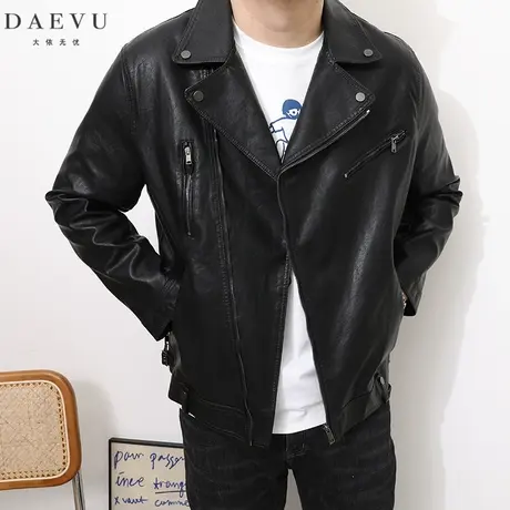 春秋新款帅气潮胖子大号加肥加大码男士短款翻领PU机车皮衣夹克商品大图