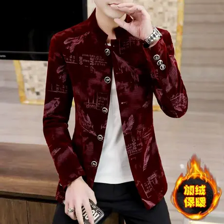 外套男士冬装加绒加厚潮流立领西服夹克春秋季中山装休闲西装上衣商品大图