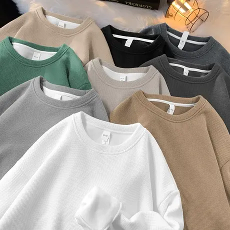 2024新款华夫格卫衣男秋冬加绒加厚保暖无帽长袖t恤圆领潮流百搭商品大图