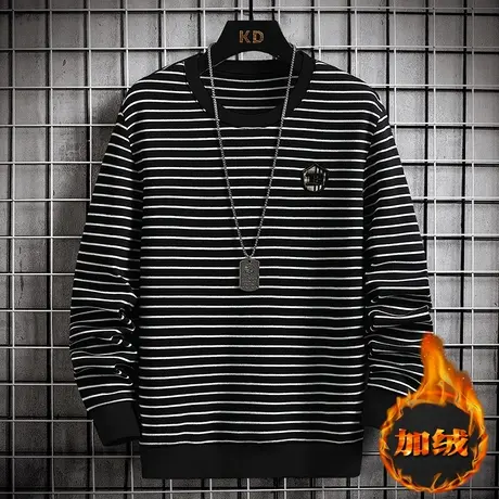 条纹棉感长袖t恤男士春秋季圆领打底小衫加绒秋装卫衣宽松上衣服商品大图