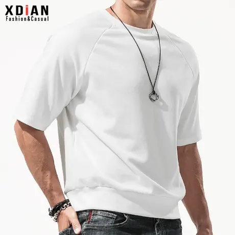纯白色短袖t恤男棉重磅宽松体桖中袖插肩五分袖打底衫半袖卫衣潮商品大图