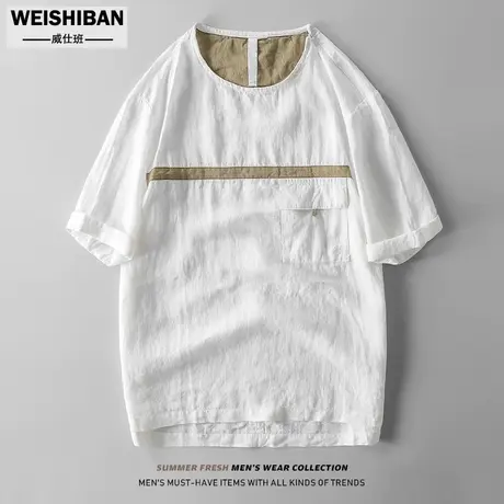 日系复古亚麻t恤男短袖高级感五分半袖宽松外穿圆领度假透气上衣图片