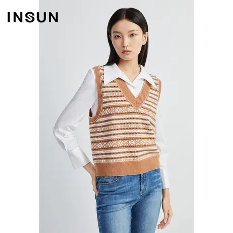 INSUN恩裳奥莱秋季撞色摩登复古羊毛针织衫商品大图