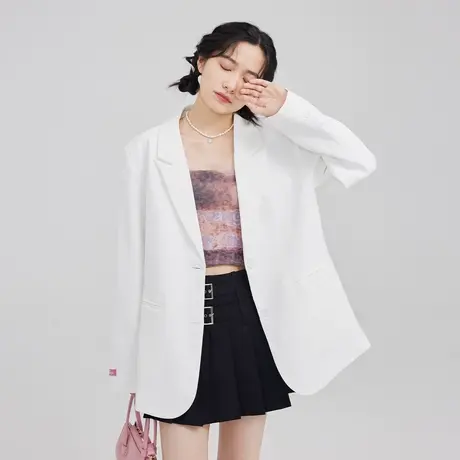 尔给2023早秋新款白色休闲小众高级感宽松薄款西装外套女中长款图片