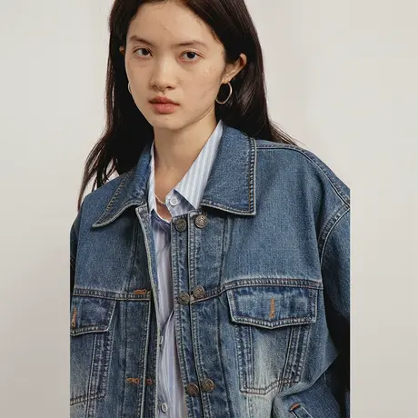omont蛋挞家 复古牛仔外套女2023秋冬新款宽松休闲百搭夹克上衣商品大图