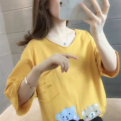 卡通动漫小熊印花短袖女2023春夏季新款宽松大码趣味卡通t恤百搭图片