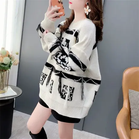 复古慵懒风宽松加厚毛衣女2023年秋冬新款设计感流苏撞色百搭上衣商品大图