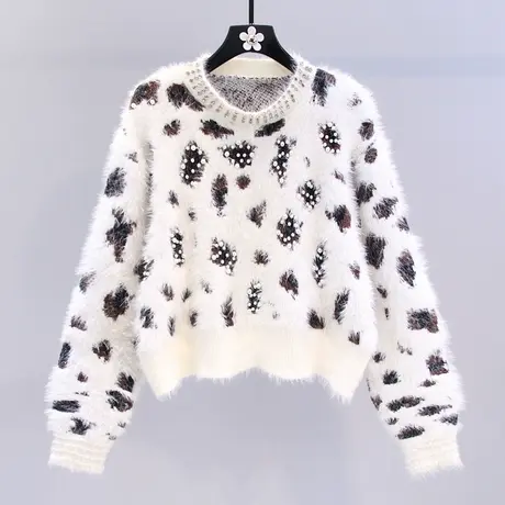 豹纹钉珠水貂绒毛衣女秋冬2023年新款宽松设计感洋气短款针织上衣图片