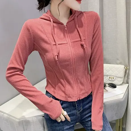 欧货连帽短款外套女春秋高腰紧身个性卫衣设计感拉链开衫长袖上衣图片
