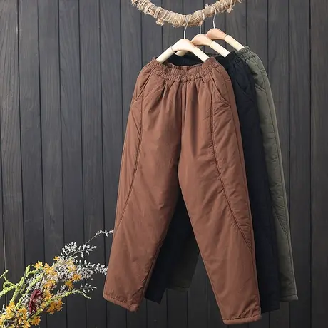 2023冬季新款夹棉加厚保暖棉裤女士外穿文艺复古松紧腰显瘦哈伦裤图片