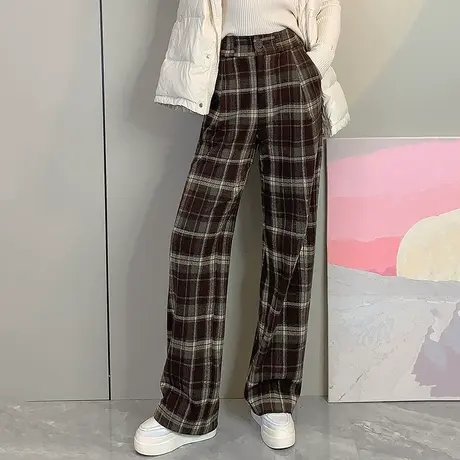 毛呢阔腿格子裤女秋冬2023新款高腰宽松垂感长裤拖地直筒休闲裤子图片