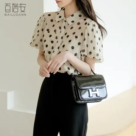 百洛安宽松泡泡袖衬衫女夏装新款时尚波点印花衬衣设计感别致上衣商品大图