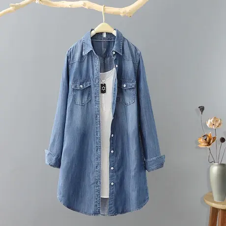 韩范中长款牛仔衬衫薄外套女宽松休闲长袖衬衣春秋季新款上衣女装图片
