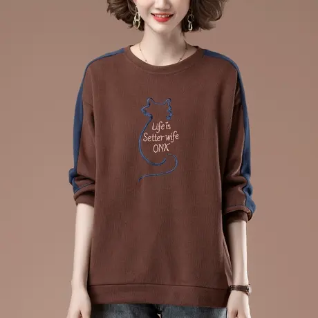 卫衣女秋冬新款加肥加大码女装宽松中年妈妈刺绣拼接圆领显瘦上衣商品大图