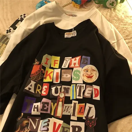 美式复古ins超火短袖T恤女夏季chic港风半袖体恤宽松学生百搭上衣商品大图