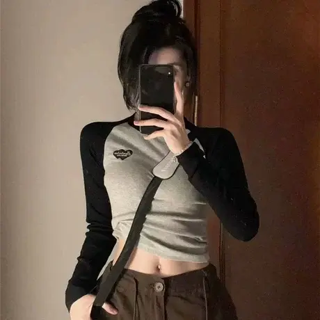 正肩t恤女长袖2024秋装新款插肩修身打底衫内搭短款紧身高腰上衣商品大图