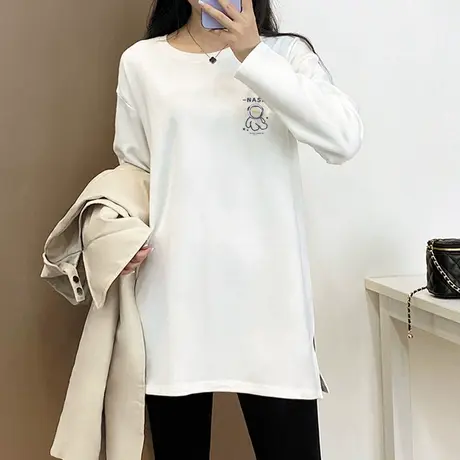 2022秋装白色宽松长袖t恤女纯棉打底衫韩版中长款磨毛加厚上衣潮商品大图