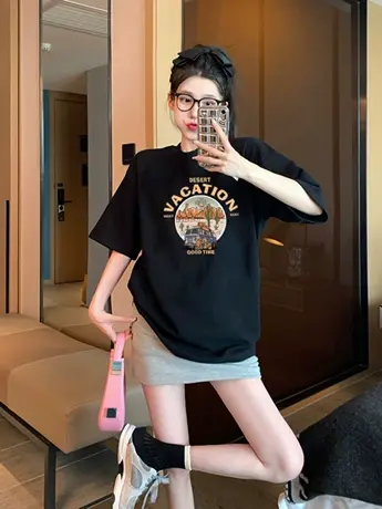 黑色正肩t恤女2023夏季新款美式复古宽松百搭重磅仿棉短袖上衣服商品大图