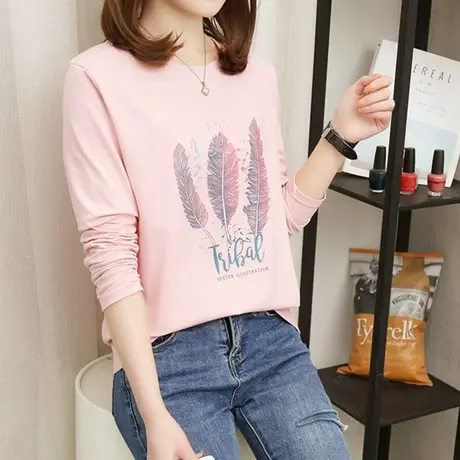 网红港风早秋韩版ins潮慵懒风宽松白色打底衫女长袖t恤超火上衣服商品大图