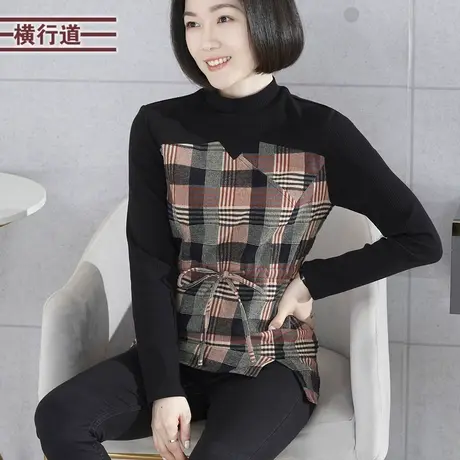 2024新款春季半高领假两件收腰格子长袖T恤女装棉质大码妈妈上衣商品大图