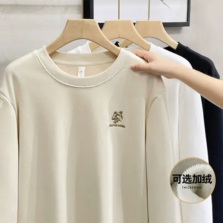虎头刺绣2023新款卫衣男秋冬季宽松圆领白色无帽外套加绒长袖上衣商品大图